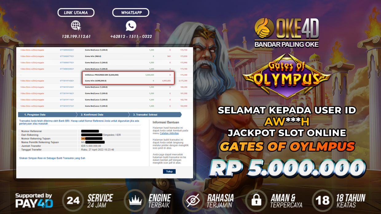 BUKTI PEMBAYARAN MEMBER JP SLOT ONLINE DI OKE4D USER ID AW***H