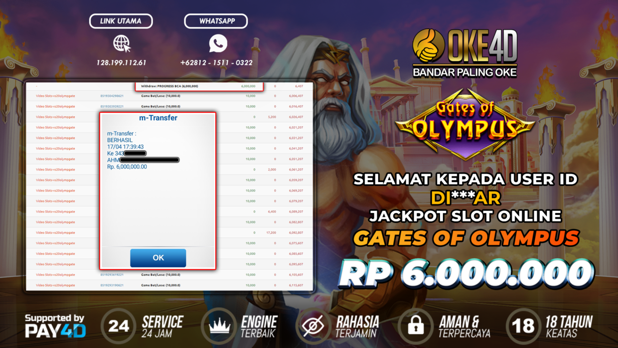 BUKTI PEMBAYARAN MEMBER JP SLOT ONLINE DI OKE4D USER ID DIAR