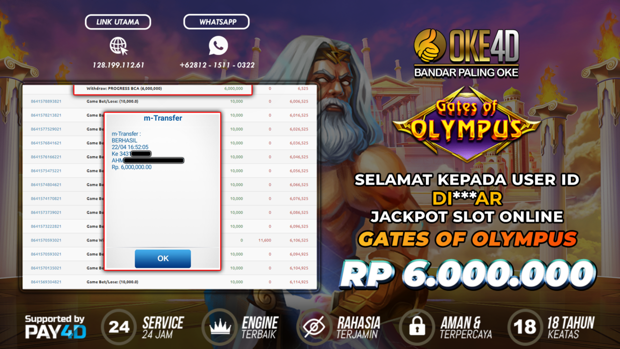 BUKTI PEMBAYARAN MEMBER JP SLOT ONLINE DI OKE4D USER ID DIAR