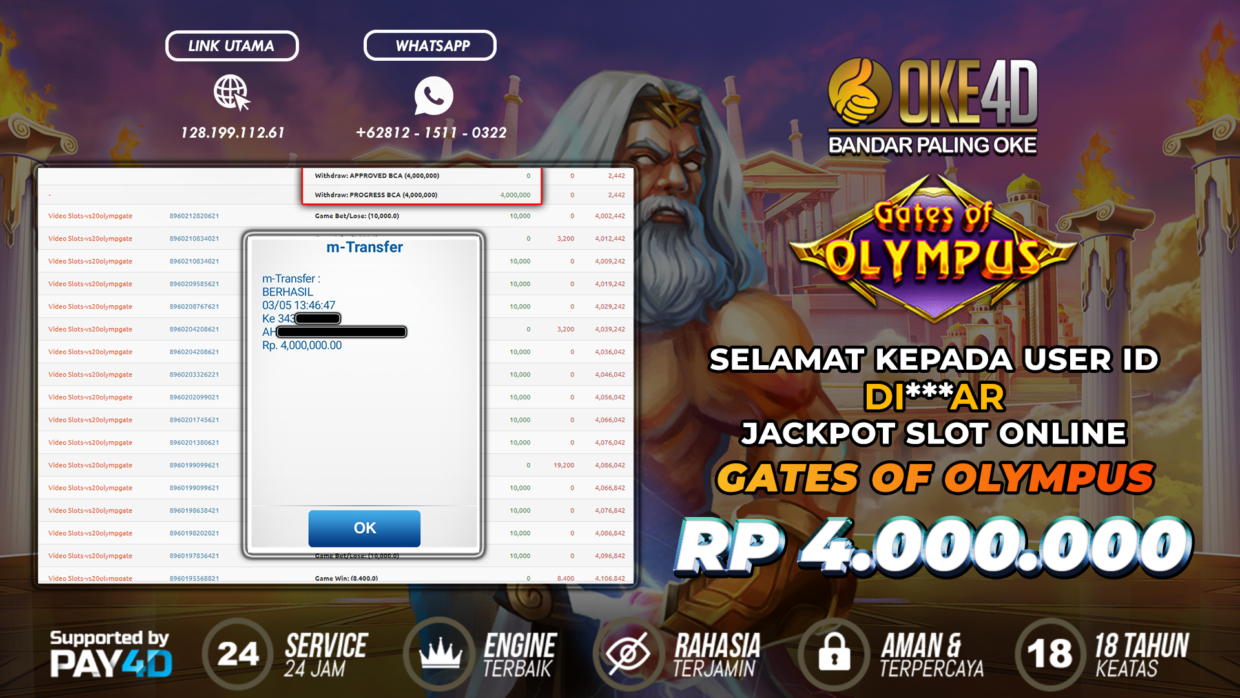 BUKTI PEMBAYARAN MEMBER JP SLOT ONLINE DI OKE4D USER ID DIAR