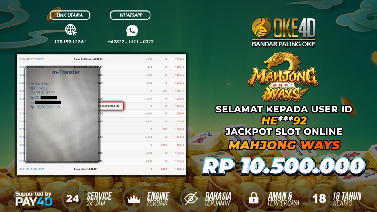 BUKTI PEMBAYARAN MEMBER JP SLOT ONLINE DI OKE4D USER ID HE92