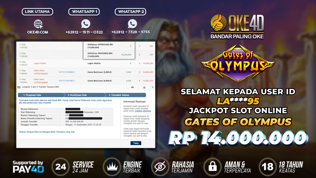 BUKTI PEMBAYARAN MEMBER JP SLOT ONLINE DI OKE4D USER ID LA95