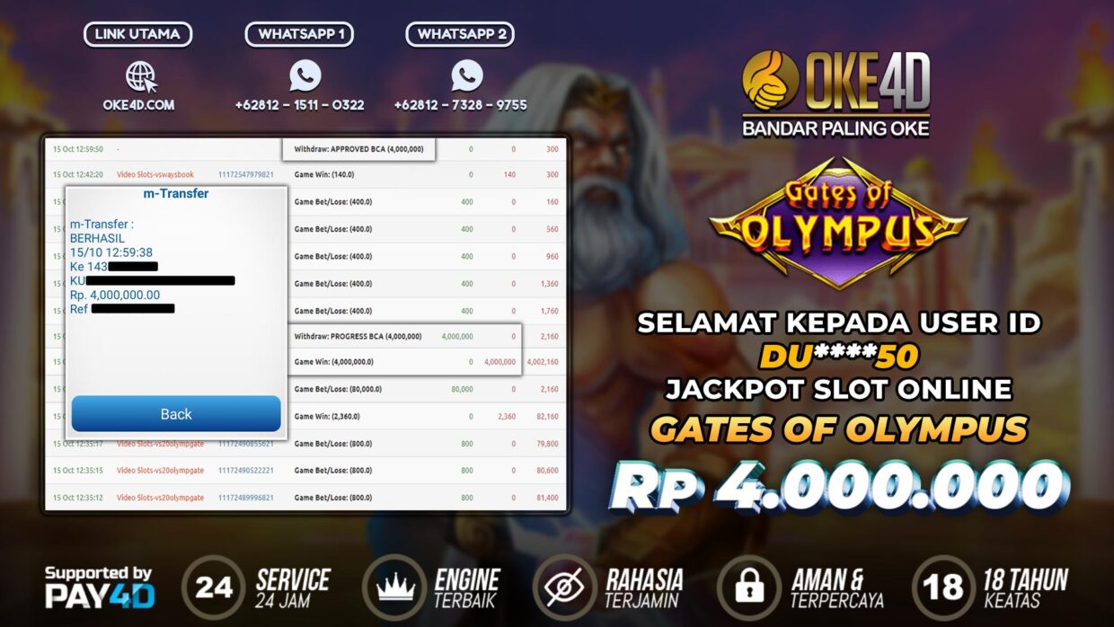 BUKTI PEMBAYARAN MEMBER JP SLOT ONLINE DI OKE4D USER ID DU05